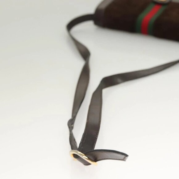 GUCCI GG Canvas Web Sherry Line Bag Suede Leather Dark Brown gold Auth - Picture 7 of 16